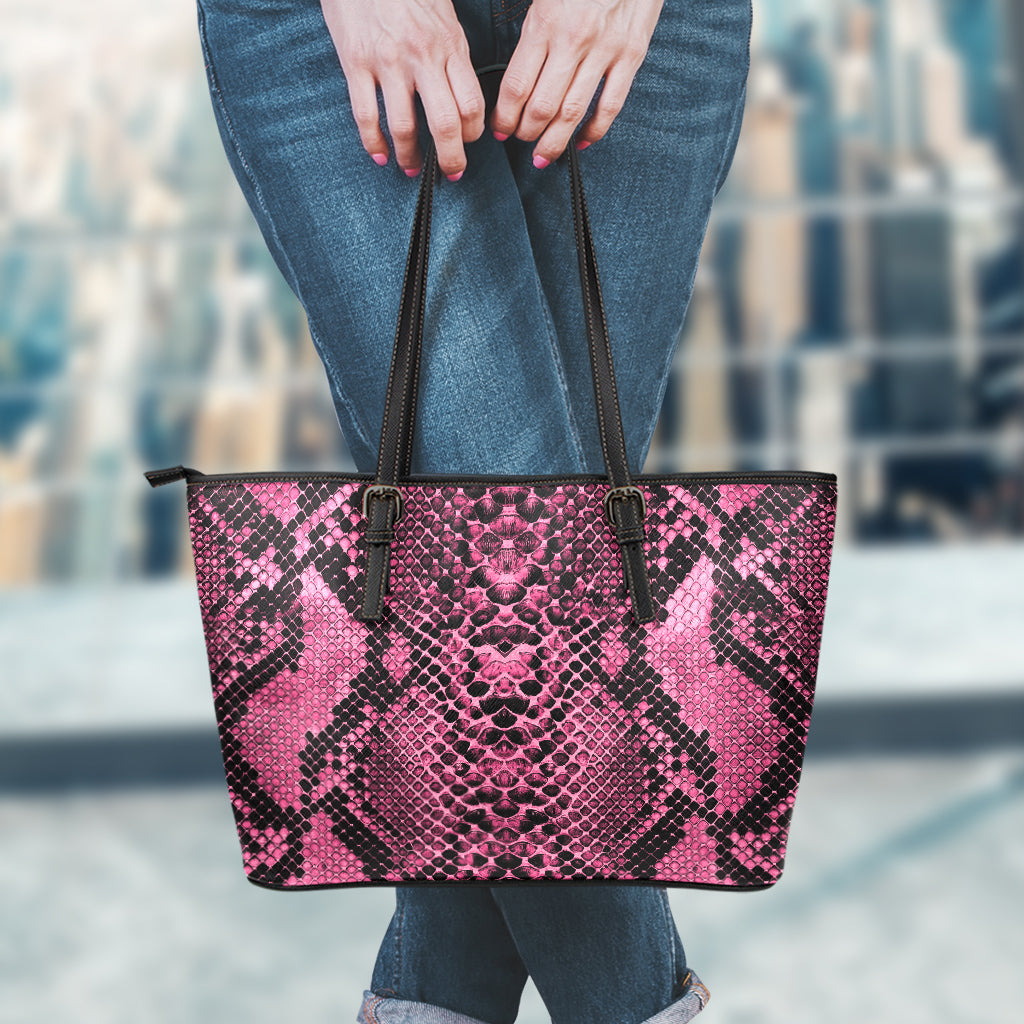 Pink And Black Snakeskin Print Leather Tote Bag