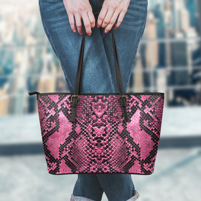 Pink And Black Snakeskin Print Leather Tote Bag