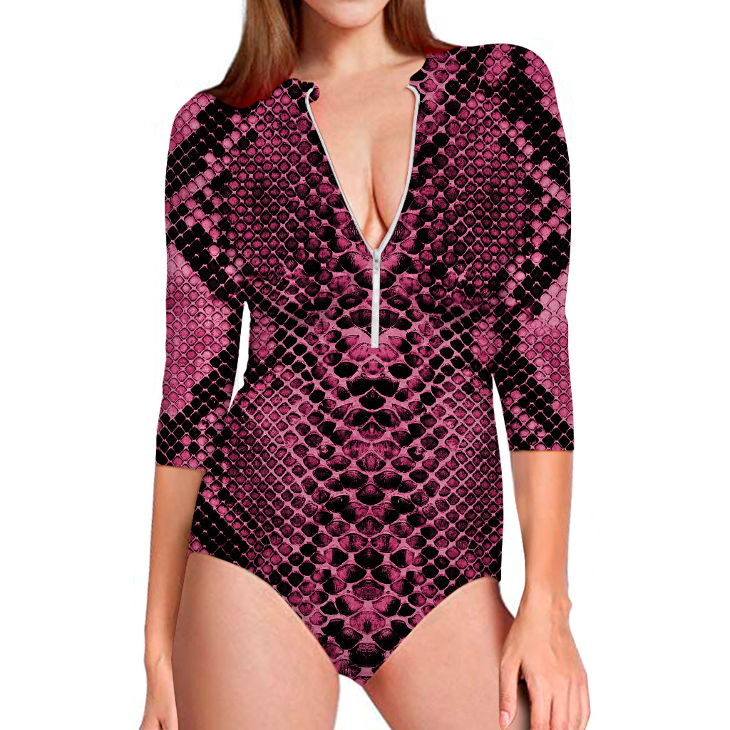 Pink And Black Snakeskin Print Long Sleeve Swimsuit