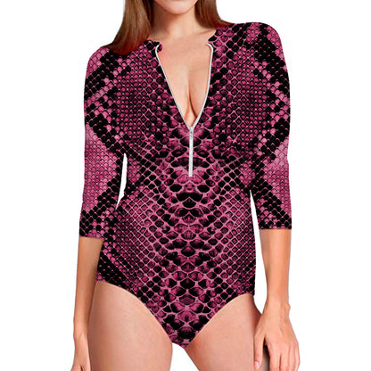 Pink And Black Snakeskin Print Long Sleeve Swimsuit