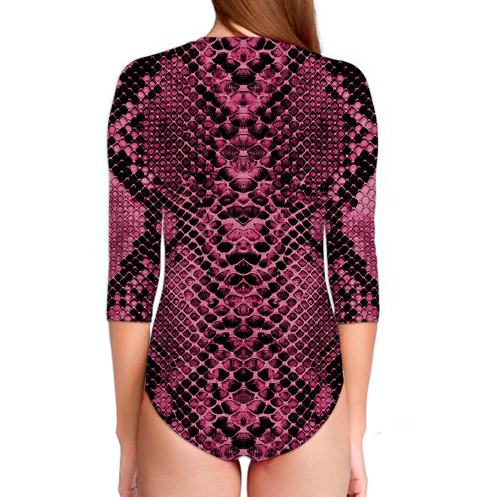 Pink And Black Snakeskin Print Long Sleeve Swimsuit