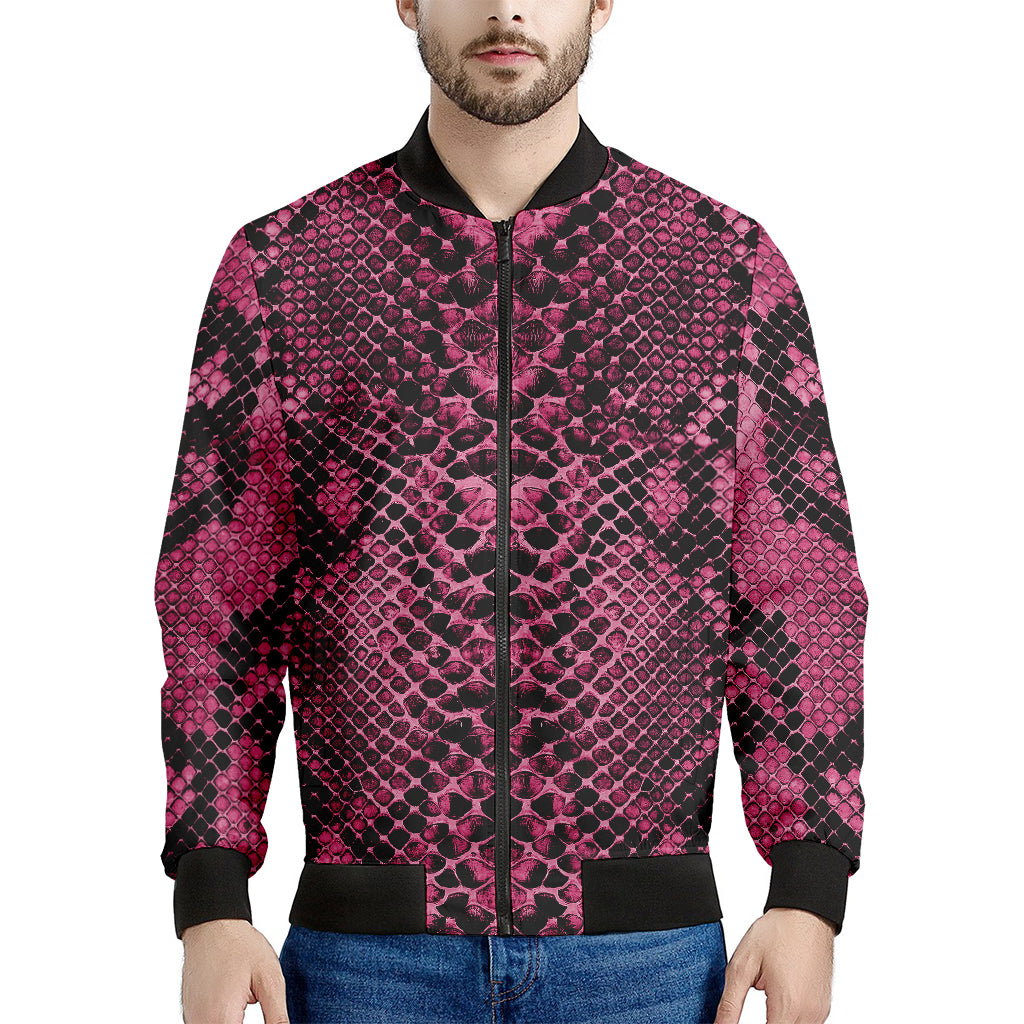 Pink And Black Snakeskin Print Men's Bomber Jacket