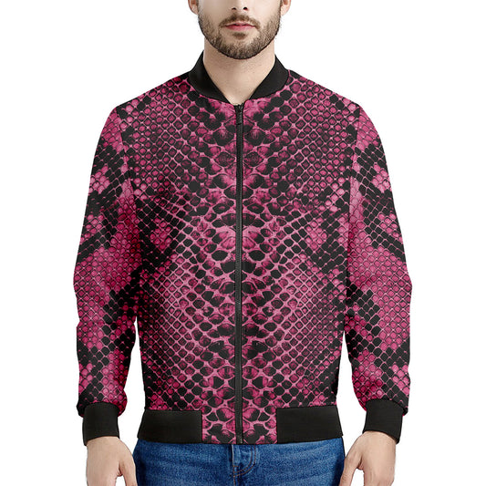 Pink And Black Snakeskin Print Men's Bomber Jacket