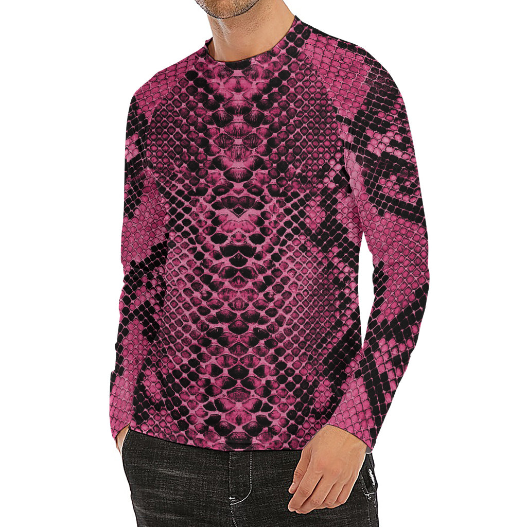 Pink And Black Snakeskin Print Men's Long Sleeve Rash Guard