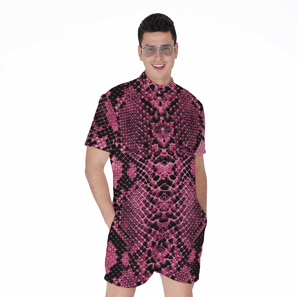 Pink And Black Snakeskin Print Men's Rompers