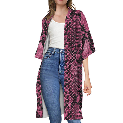 Pink And Black Snakeskin Print Open Front Beach Cover Up