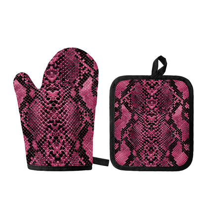 Pink And Black Snakeskin Print Oven Mitt And Pot Holder Set