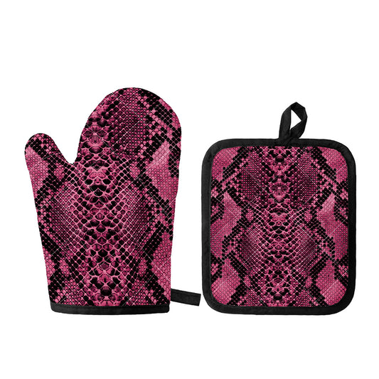 Pink And Black Snakeskin Print Oven Mitt And Pot Holder Set