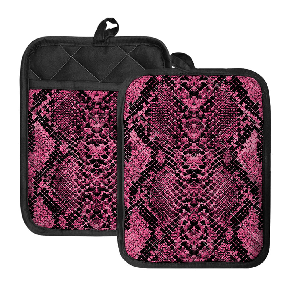 Pink And Black Snakeskin Print Pot Holders With Pocket
