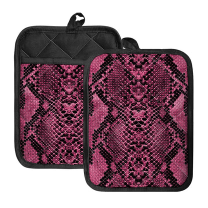 Pink And Black Snakeskin Print Pot Holders With Pocket