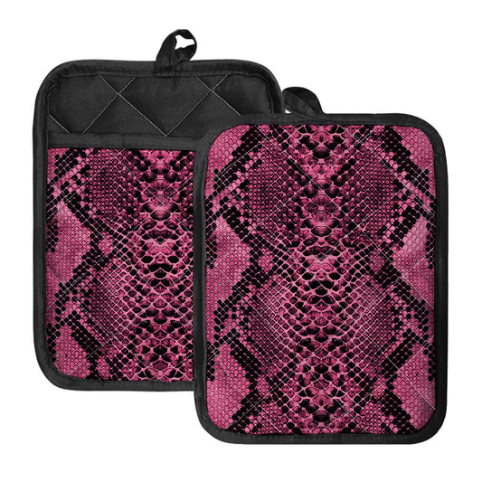 Pink And Black Snakeskin Print Pot Holders With Pocket