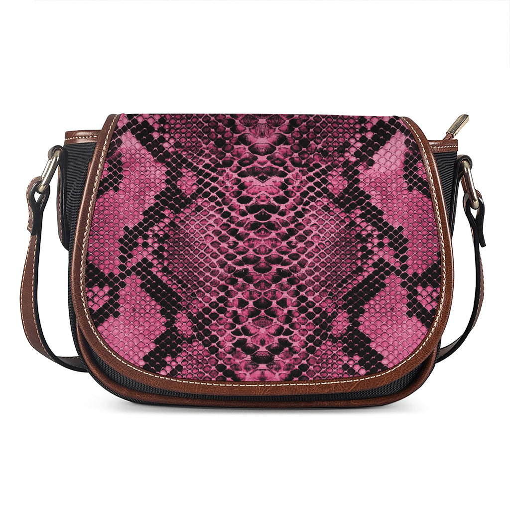 Pink And Black Snakeskin Print Saddle Bag