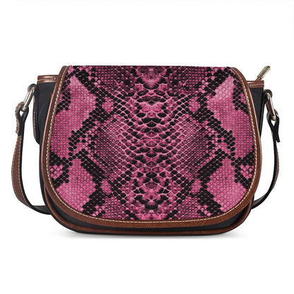 Pink And Black Snakeskin Print Saddle Bag