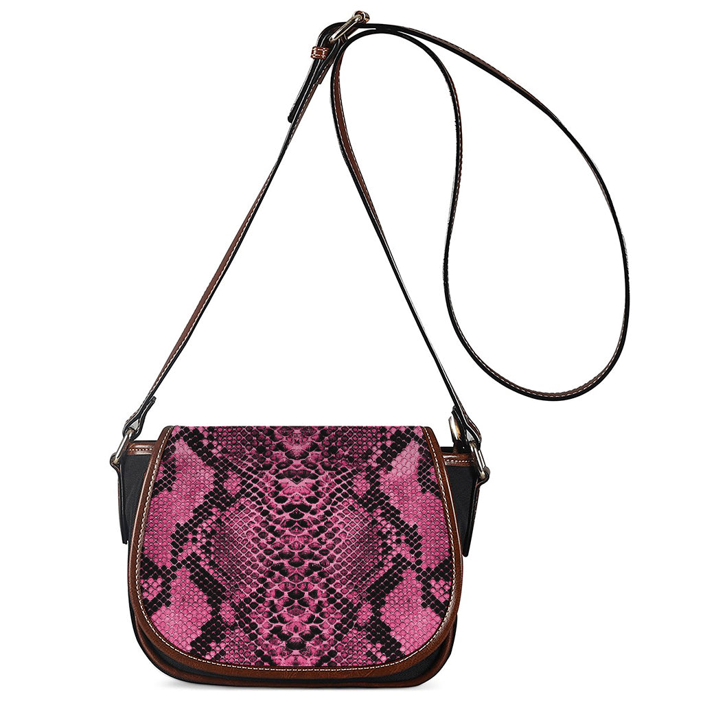 Pink And Black Snakeskin Print Saddle Bag
