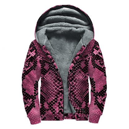 Pink And Black Snakeskin Print Sherpa Lined Zip Up Hoodie