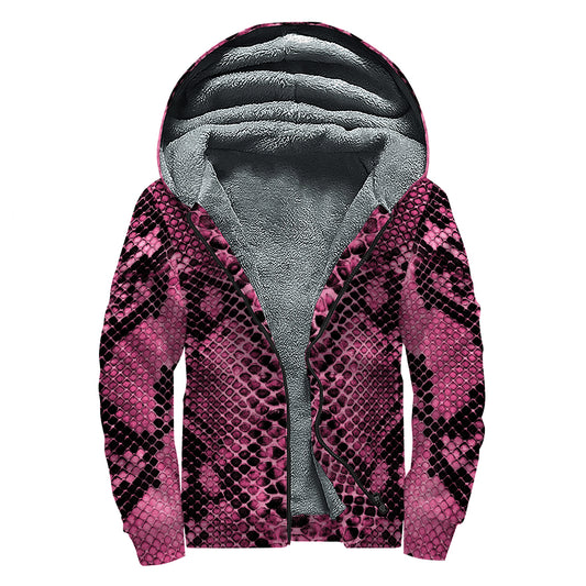 Pink And Black Snakeskin Print Sherpa Lined Zip Up Hoodie
