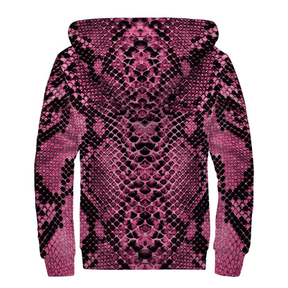 Pink And Black Snakeskin Print Sherpa Lined Zip Up Hoodie