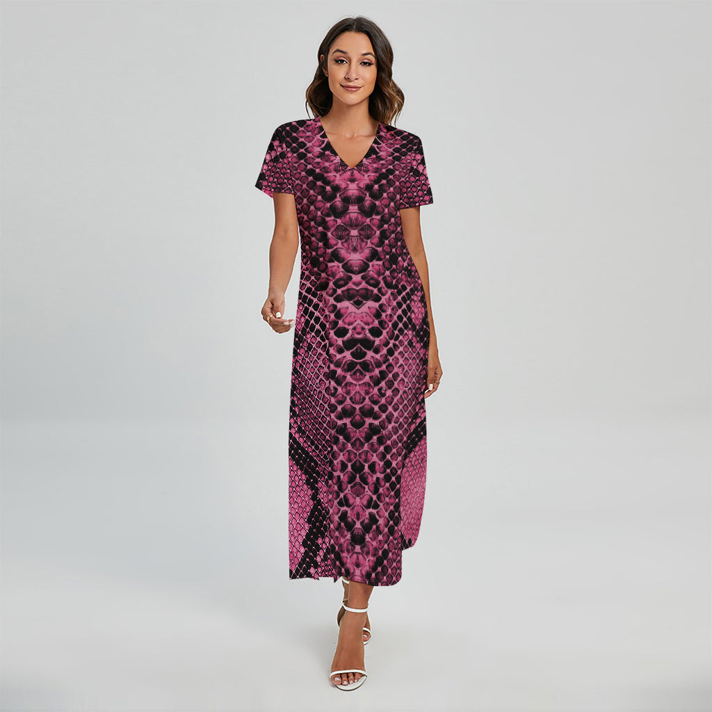 Pink And Black Snakeskin Print Short Sleeve Maxi Dress