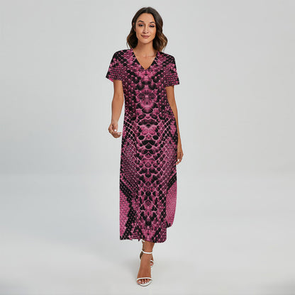 Pink And Black Snakeskin Print Short Sleeve Maxi Dress