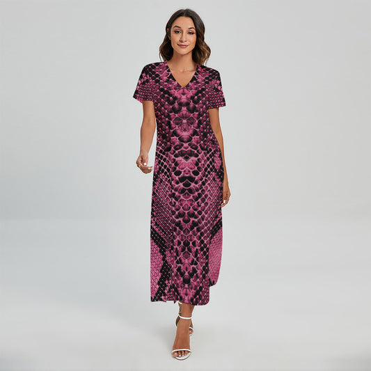Pink And Black Snakeskin Print Short Sleeve Maxi Dress