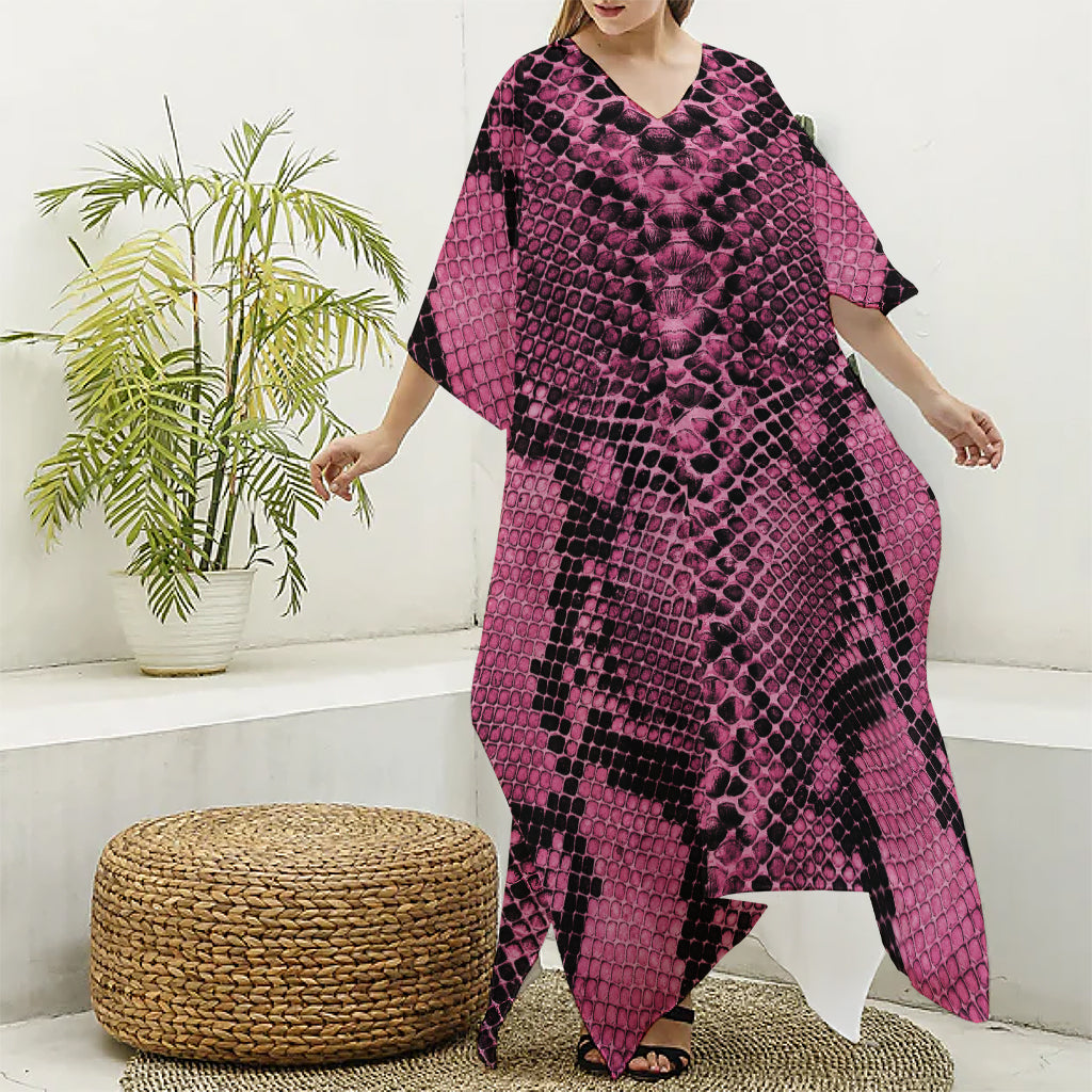 Pink And Black Snakeskin Print Silk V-Neck Kaftan Dress
