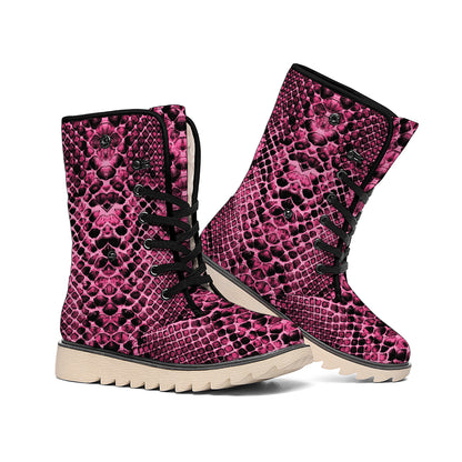 Pink And Black Snakeskin Print Winter Boots