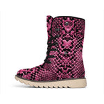 Pink And Black Snakeskin Print Winter Boots