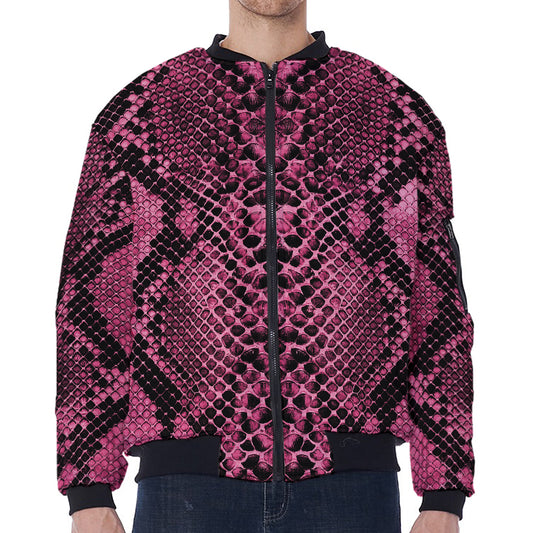 Pink And Black Snakeskin Print Zip Sleeve Bomber Jacket