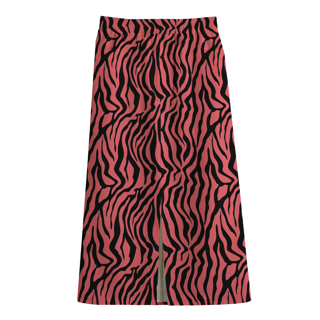 Pink And Black Tiger Stripe Print Cotton Front Slit Maxi Skirt