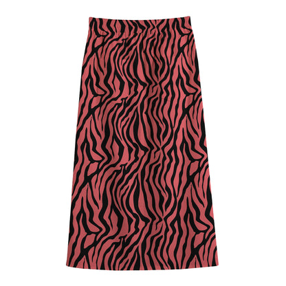 Pink And Black Tiger Stripe Print Cotton Front Slit Maxi Skirt