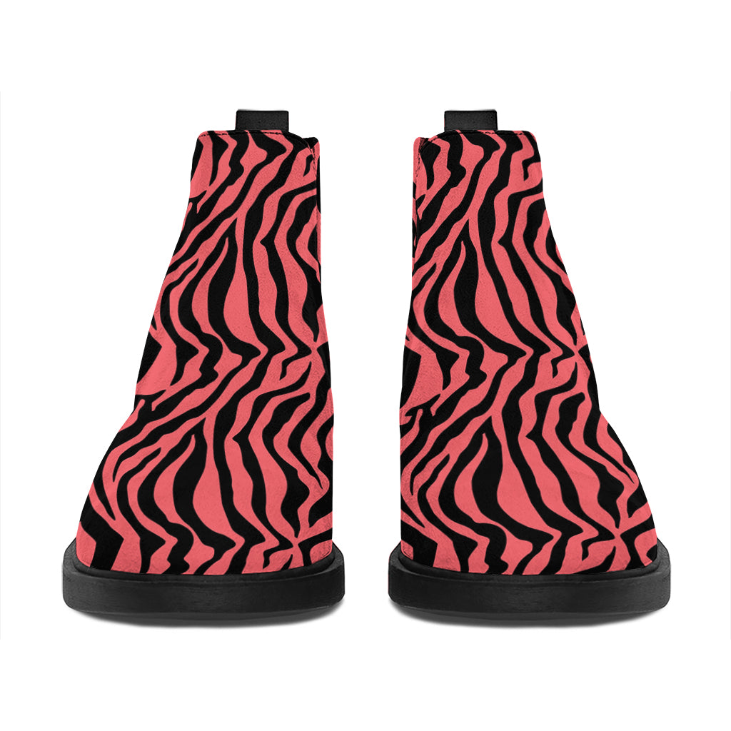 Pink And Black Tiger Stripe Print Flat Ankle Boots