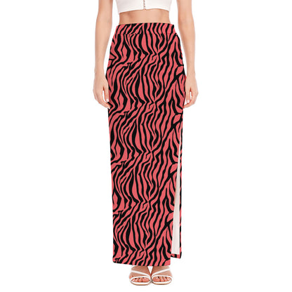 Pink And Black Tiger Stripe Print High Slit Maxi Skirt
