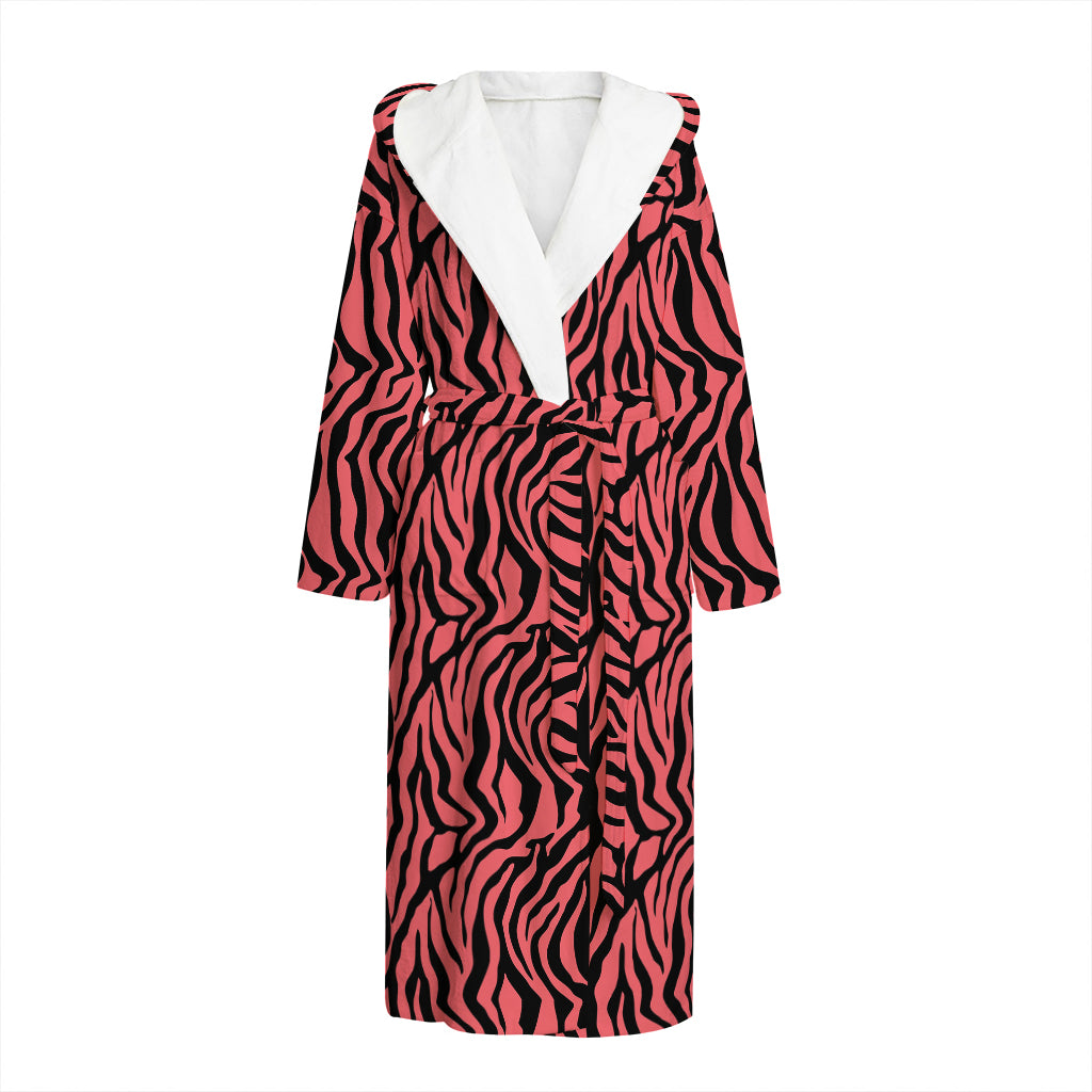 Pink And Black Tiger Stripe Print Hooded Bathrobe