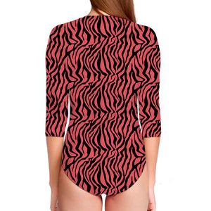 Pink And Black Tiger Stripe Print Long Sleeve Swimsuit