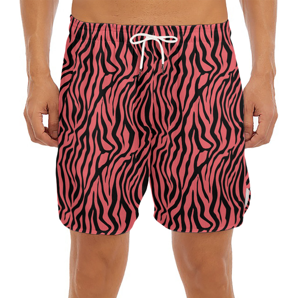 Pink And Black Tiger Stripe Print Men's Split Running Shorts