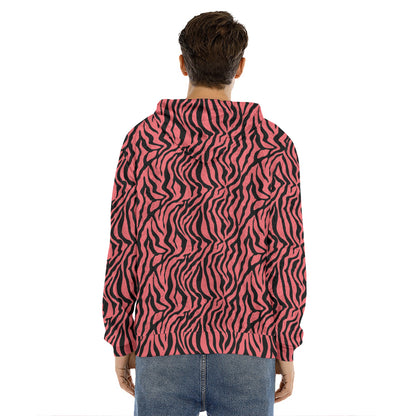 Pink And Black Tiger Stripe Print Men's Velvet Pullover Hoodie