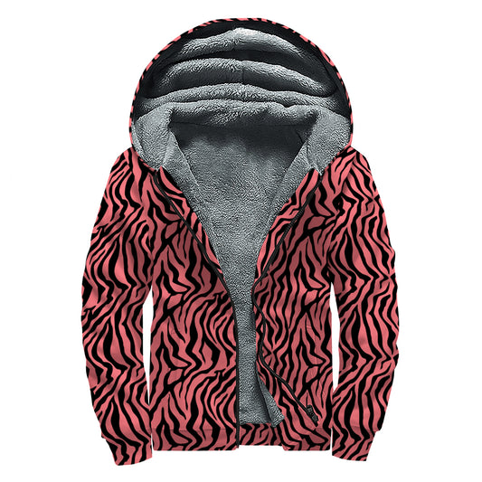 Pink And Black Tiger Stripe Print Sherpa Lined Zip Up Hoodie