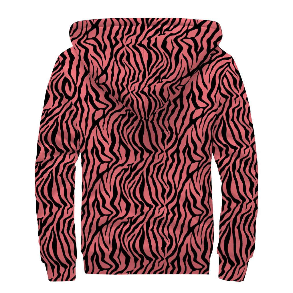 Pink And Black Tiger Stripe Print Sherpa Lined Zip Up Hoodie