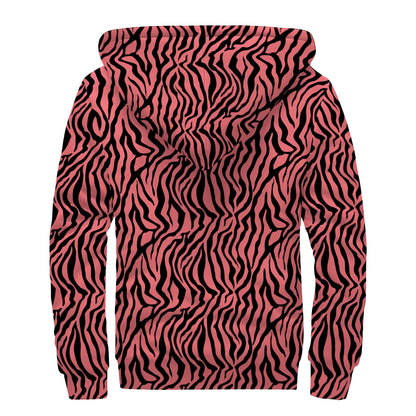 Pink And Black Tiger Stripe Print Sherpa Lined Zip Up Hoodie