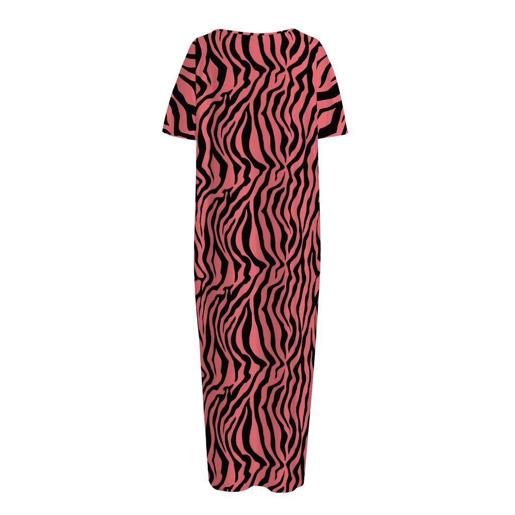 Pink And Black Tiger Stripe Print Short Sleeve Long Nightdress