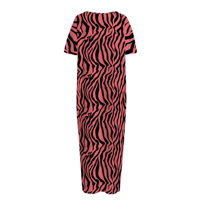 Pink And Black Tiger Stripe Print Short Sleeve Long Nightdress