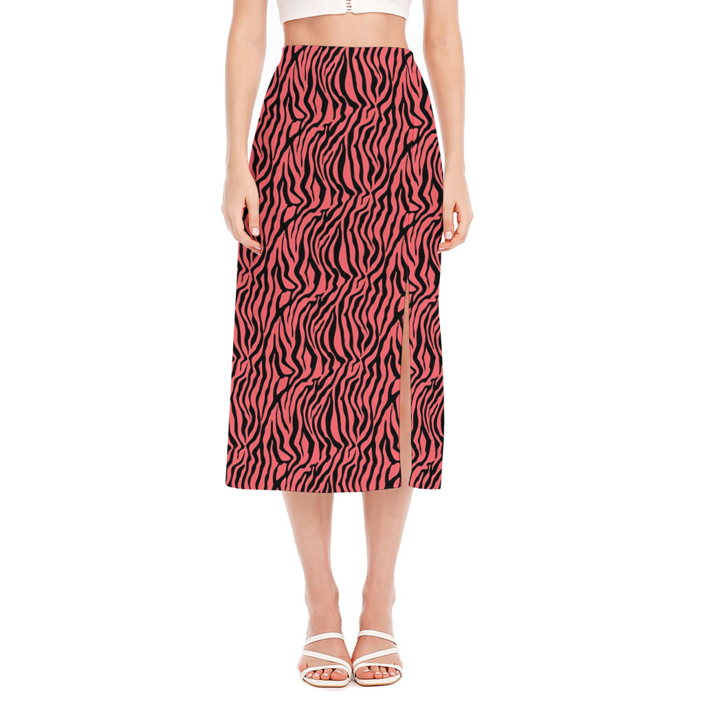 Pink And Black Tiger Stripe Print Side Slit Midi Skirt