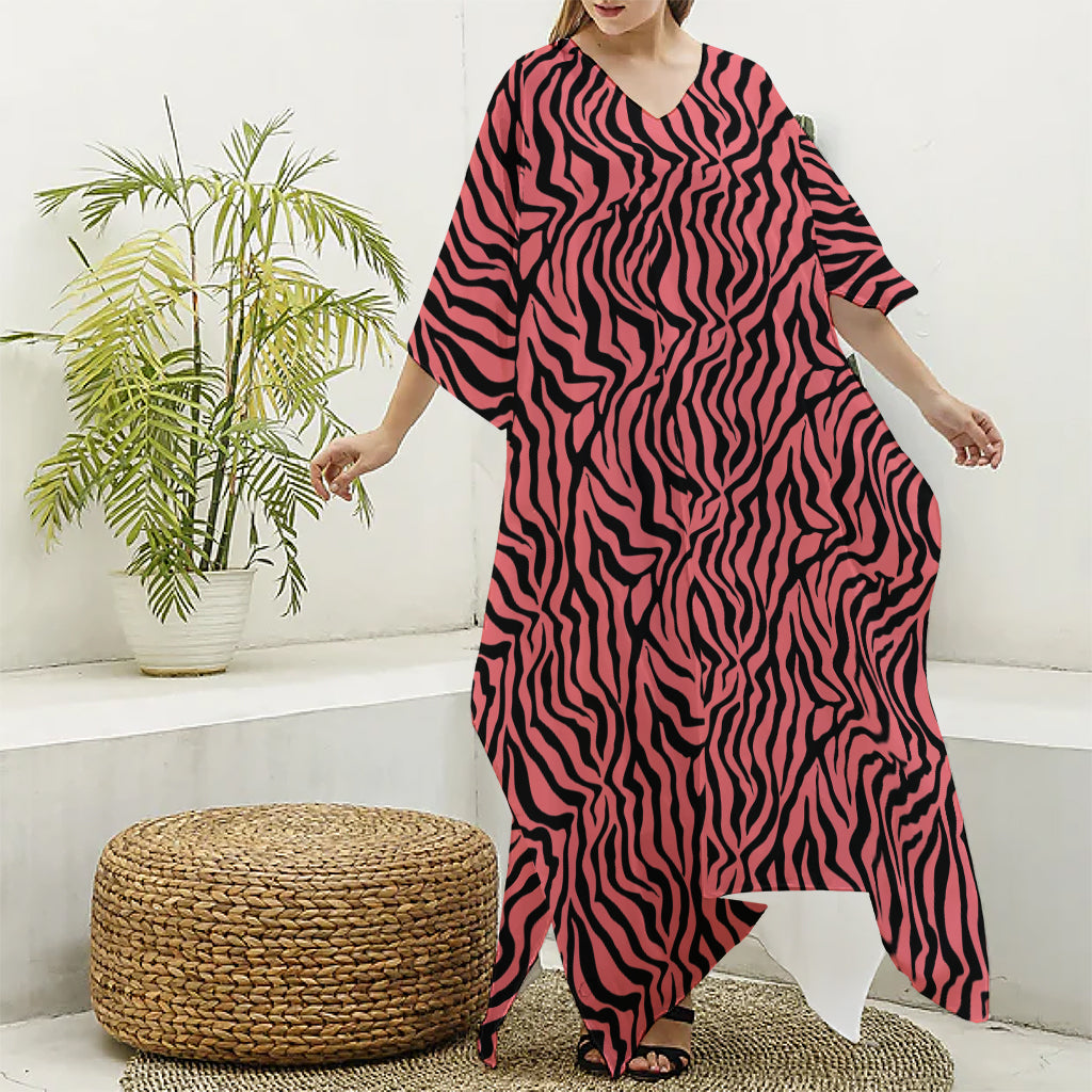 Pink And Black Tiger Stripe Print Silk V-Neck Kaftan Dress