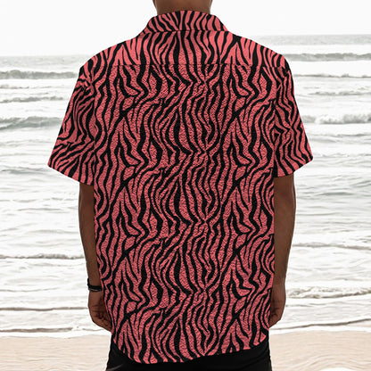 Pink And Black Tiger Stripe Print Textured Short Sleeve Shirt