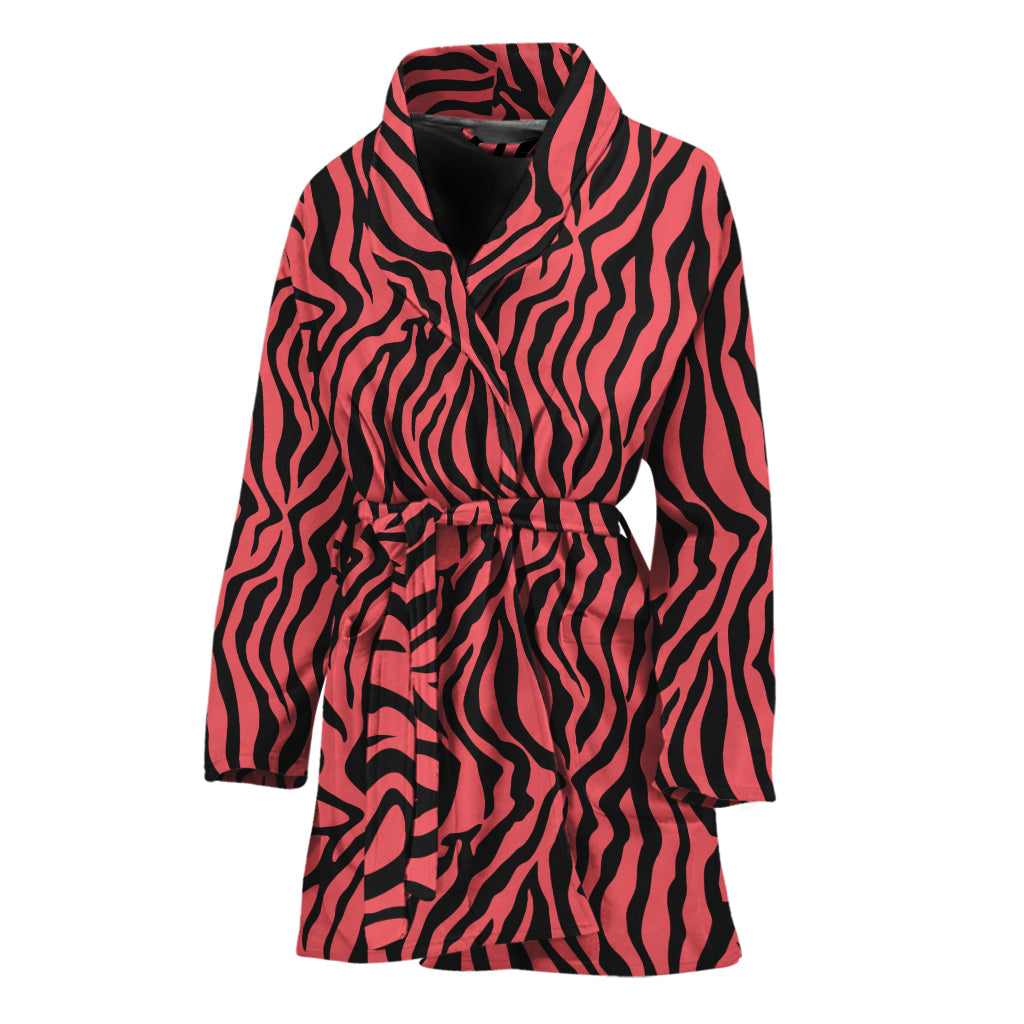 Pink And Black Tiger Stripe Print Women's Bathrobe
