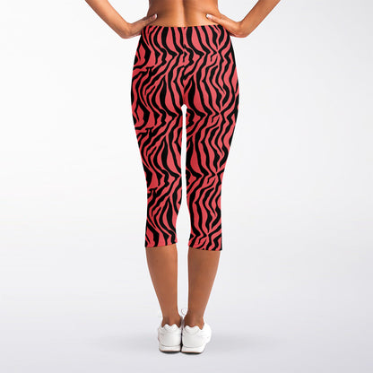 Pink And Black Tiger Stripe Print Women's Capri Leggings