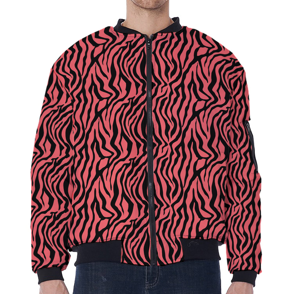 Pink And Black Tiger Stripe Print Zip Sleeve Bomber Jacket