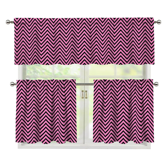 Pink And Black Zigzag Pattern Print 3 Piece Kitchen Curtains