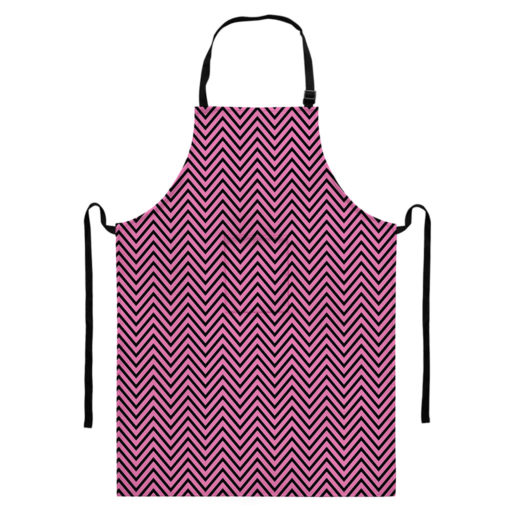 Pink And Black Zigzag Pattern Print Bib Apron With Pocket