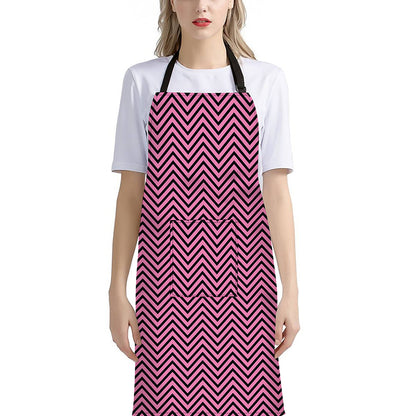 Pink And Black Zigzag Pattern Print Bib Apron With Pocket